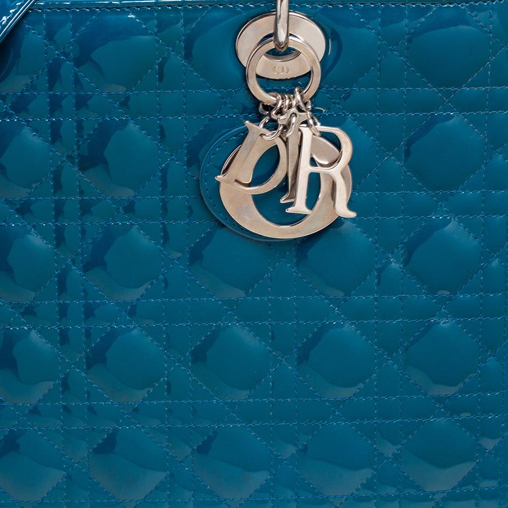 Dior Teal Blue Cannage Patent Leather Large Lady Dior Tote 1
