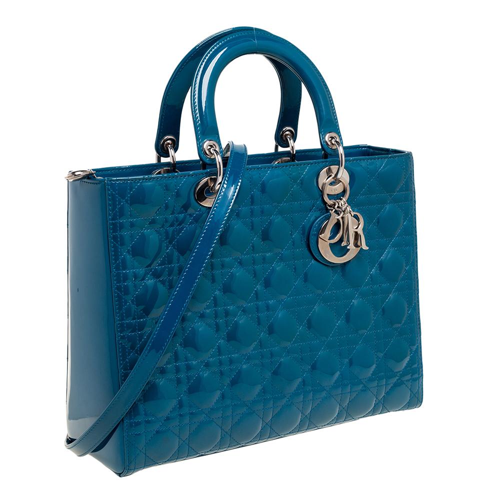 Dior Teal Blue Cannage Patent Leather Large Lady Dior Tote 2