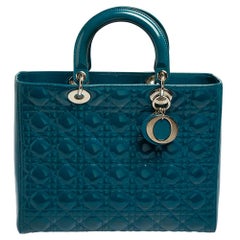 Used Dior Teal Cannage Patent Leather Large Lady Dior Tote
