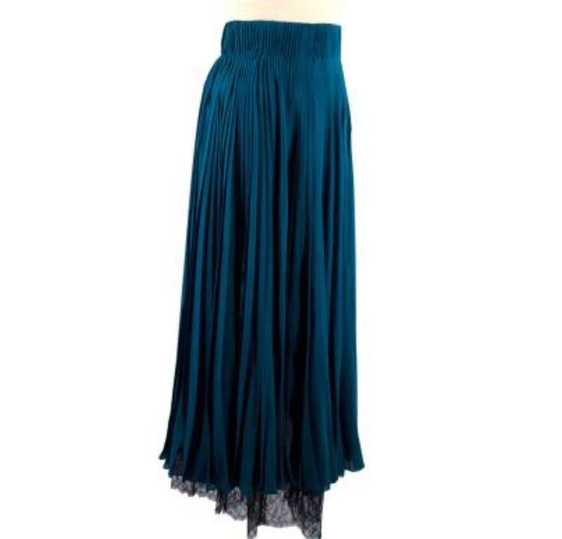 Dior Teal Pleated Silk Midi Skirt with Black Lace Trim In Excellent Condition For Sale In London, GB