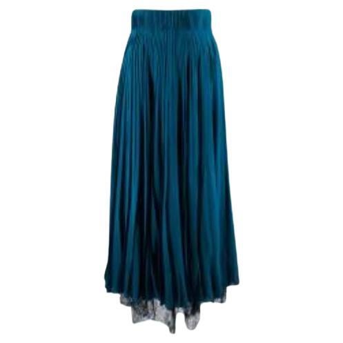 Dior Teal Pleated Silk Midi Skirt with Black Lace Trim For Sale