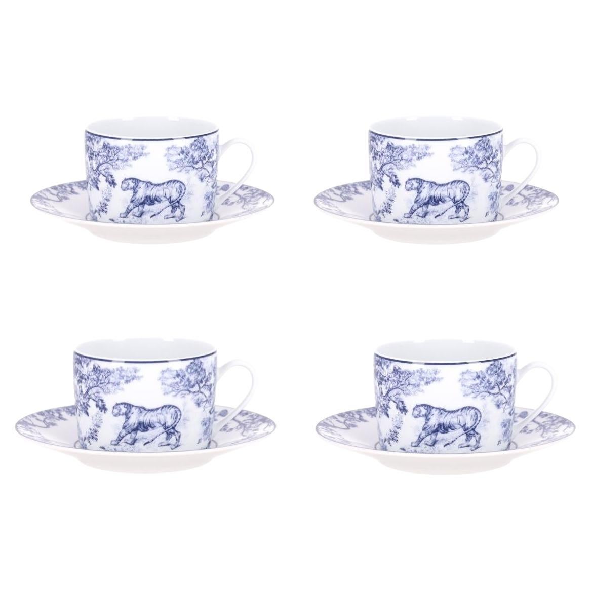 Dior Toile de Jouy Limoges Porcelain Four-Piece Teacup and Saucer Set
