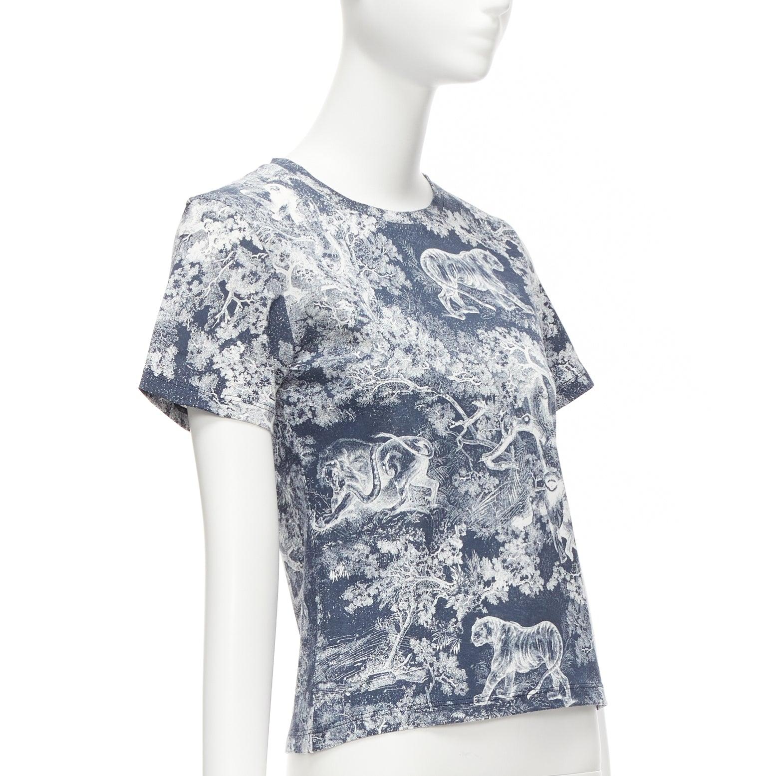 DIOR Toile De Jouy navy white tree tiger print cotton linen casual tshirt XS In Excellent Condition For Sale In Hong Kong, NT