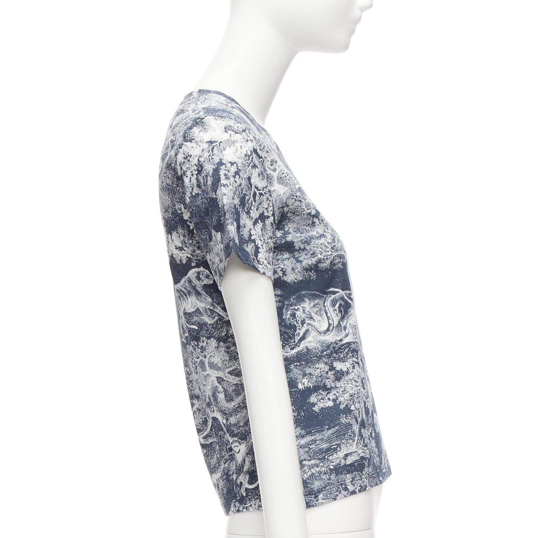 DIOR Toile De Jouy navy weiß Baum Tiger Druck Baumwolle Leinen lässig tshirt XS Damen im Angebot