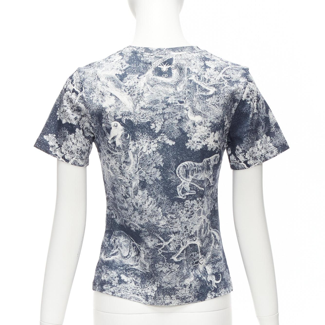 Women's DIOR Toile De Jouy navy white tree tiger print cotton linen casual tshirt XS