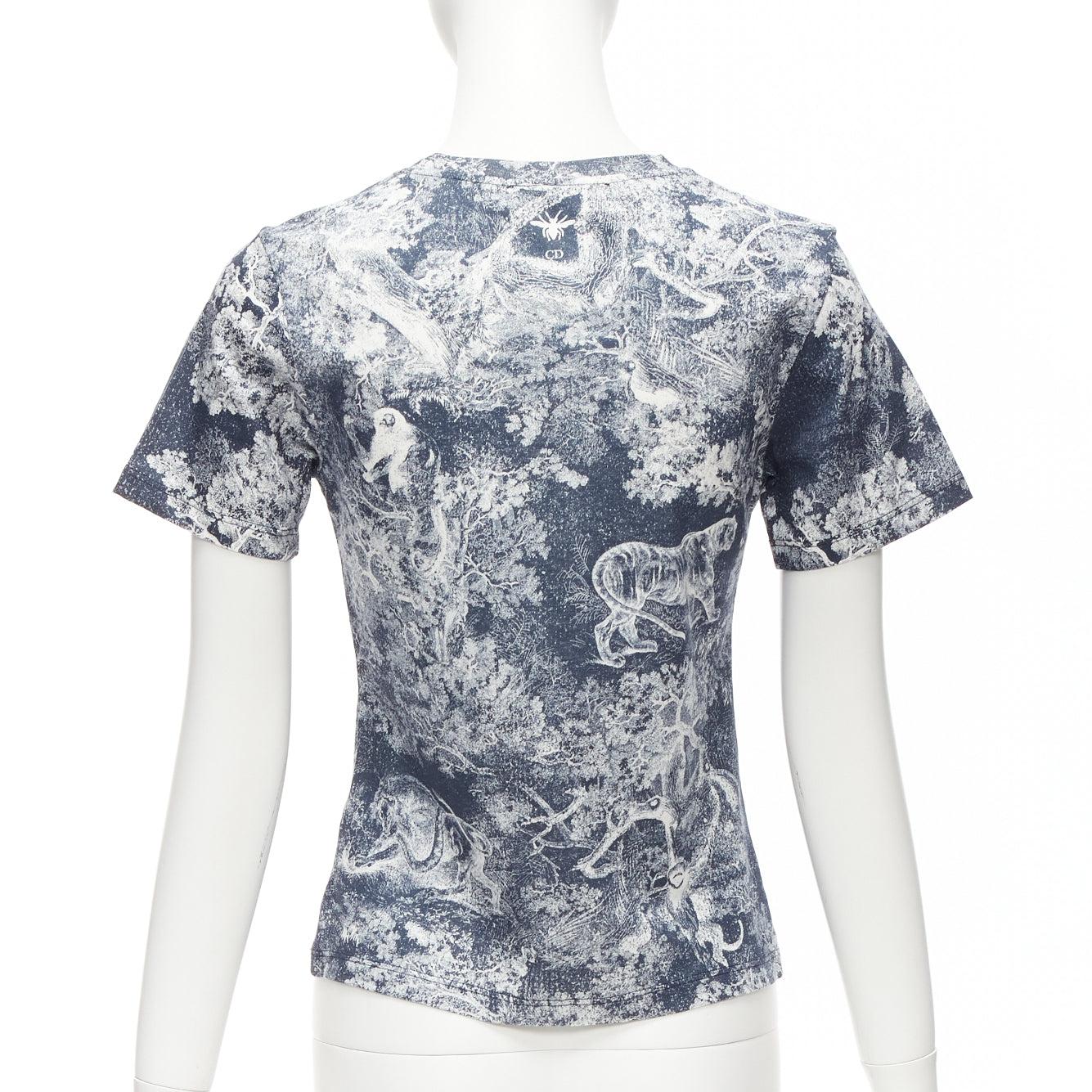 DIOR Toile De Jouy navy weiß Baum Tiger Druck Baumwolle Leinen lässig tshirt XS im Angebot 1