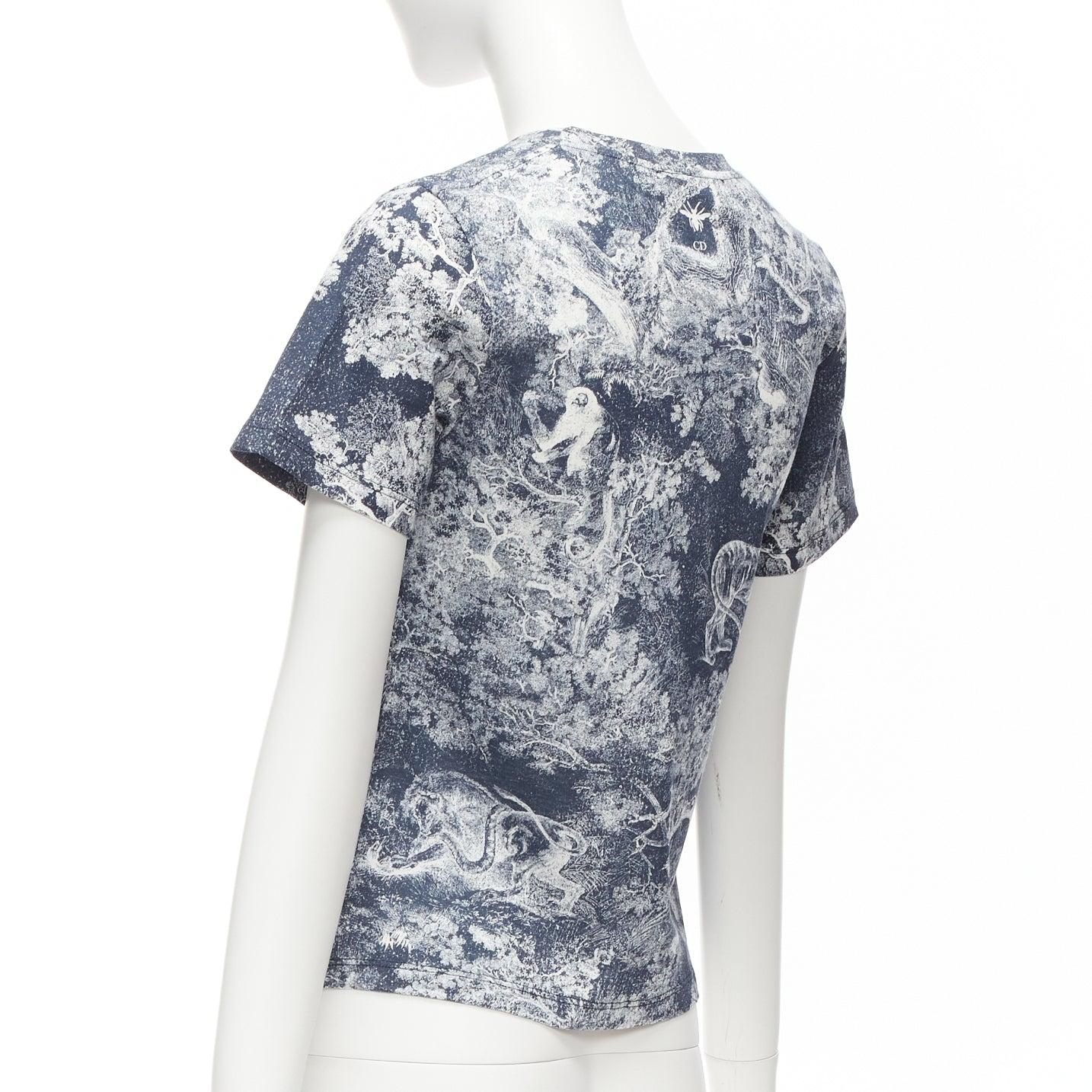 DIOR Toile De Jouy navy weiß Baum Tiger Druck Baumwolle Leinen lässig tshirt XS im Angebot 2