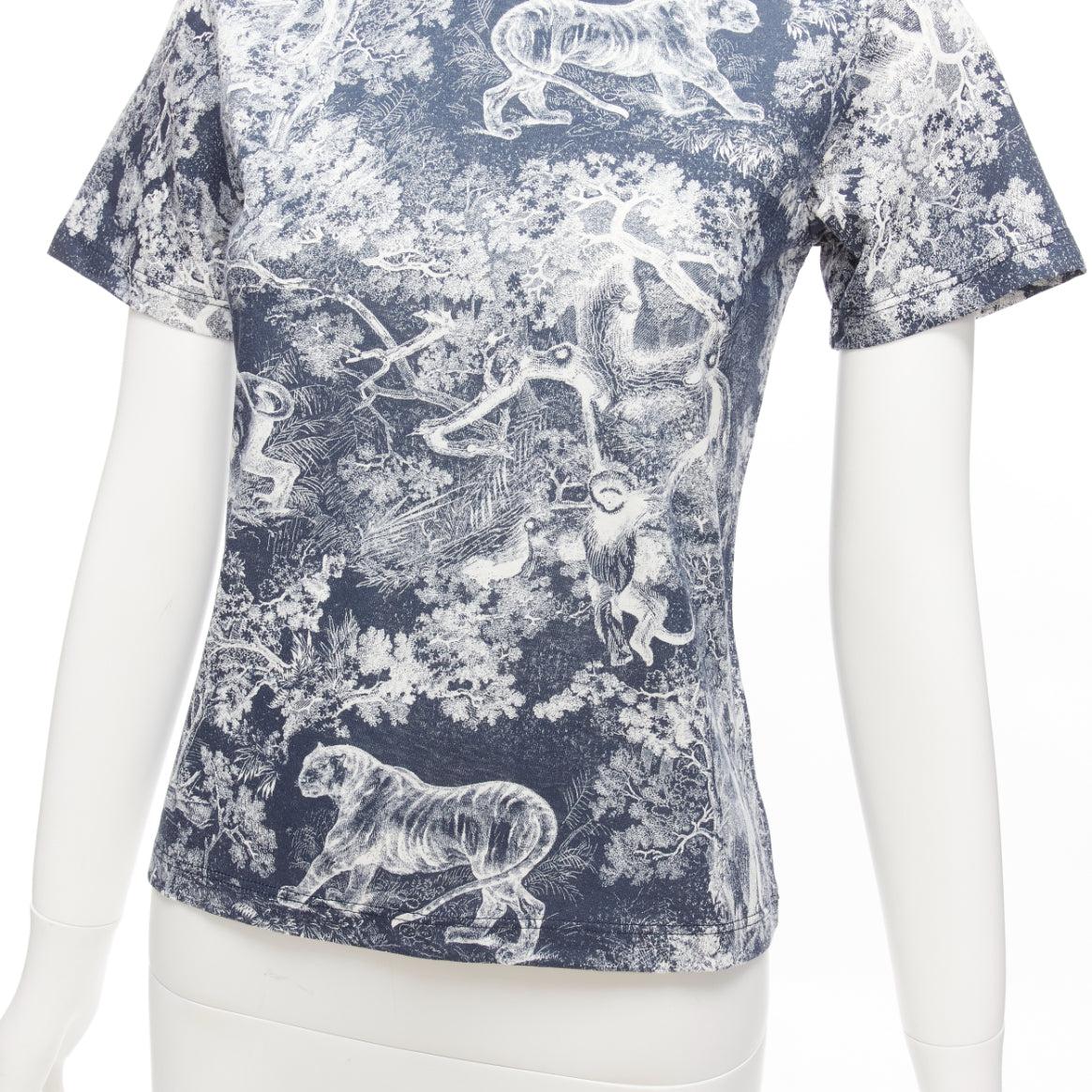 DIOR Toile De Jouy navy white tree tiger print cotton linen casual tshirt XS For Sale 3