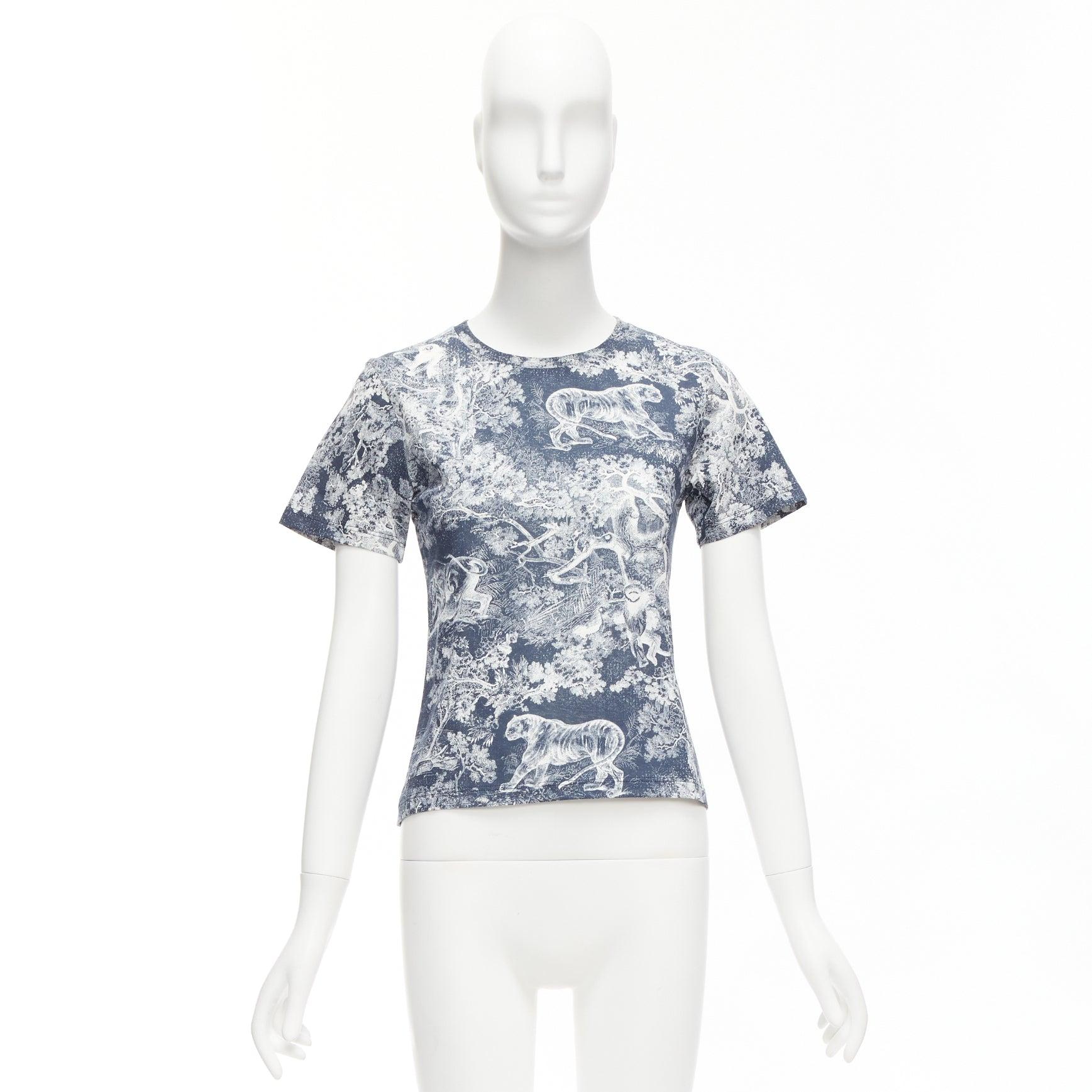 DIOR Toile De Jouy navy white tree tiger print cotton linen casual tshirt XS 4