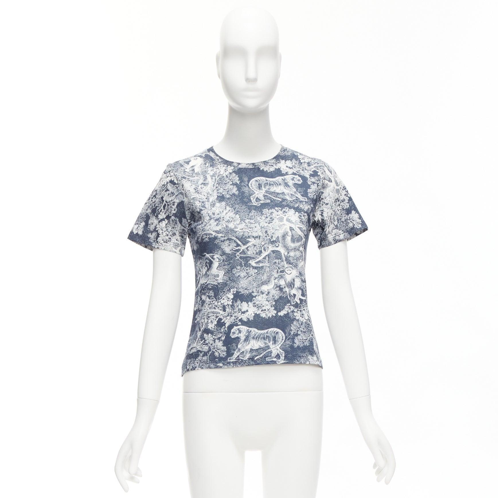 DIOR Toile De Jouy navy white tree tiger print cotton linen casual tshirt XS For Sale 5