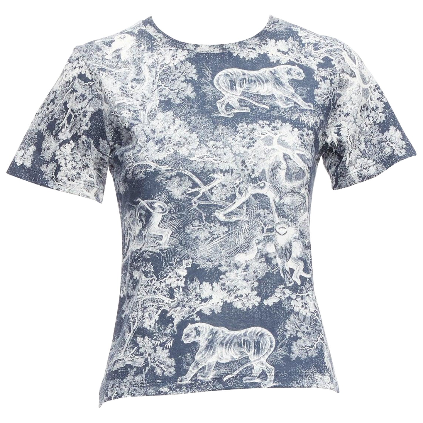 DIOR Toile De Jouy navy white tree tiger print cotton linen casual tshirt XS