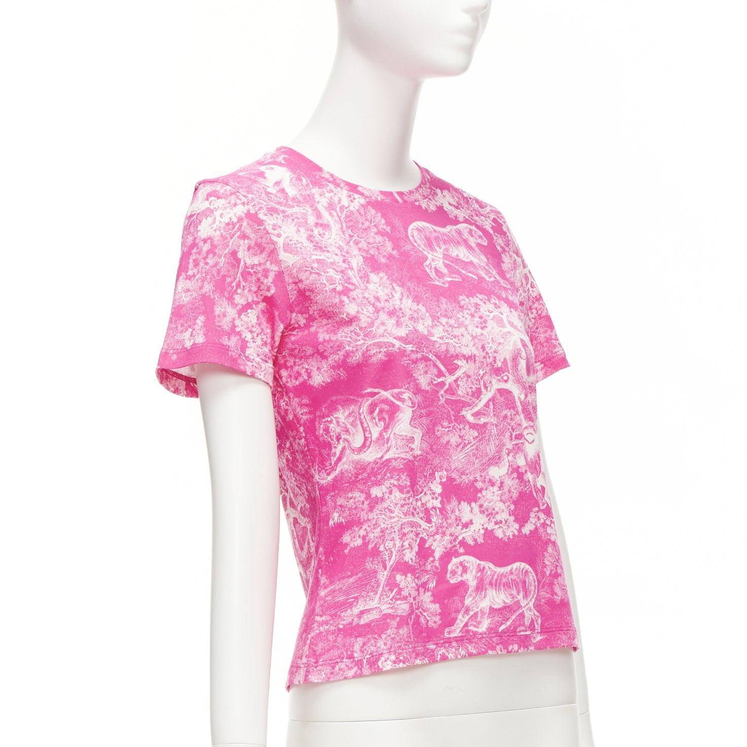 Pink DIOR Toile de Jouy pink tree tiger print cotton linen casual tshirt XS For Sale