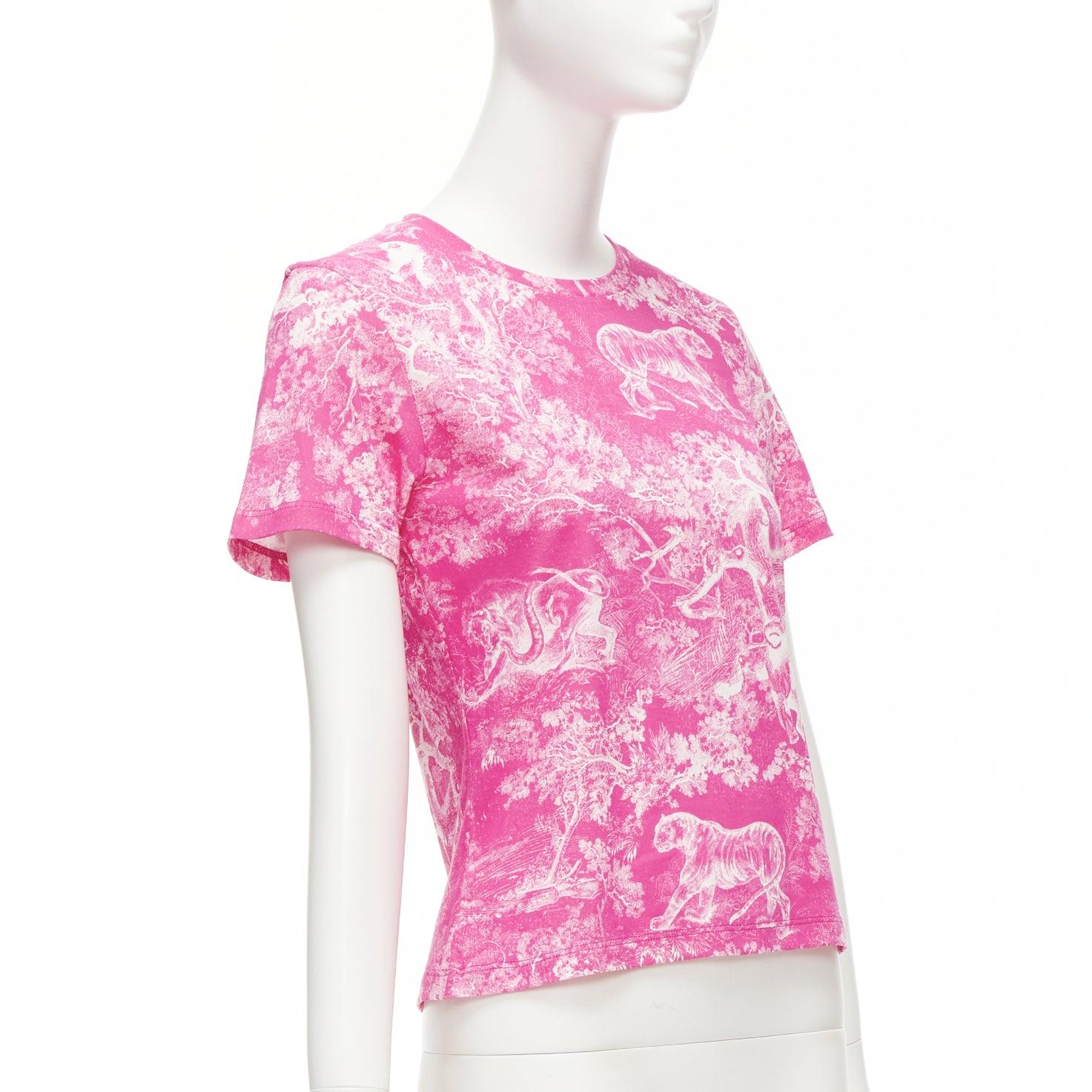 DIOR Toile de Jouy pink tree tiger print cotton linen casual tshirt XS In Excellent Condition For Sale In Hong Kong, NT
