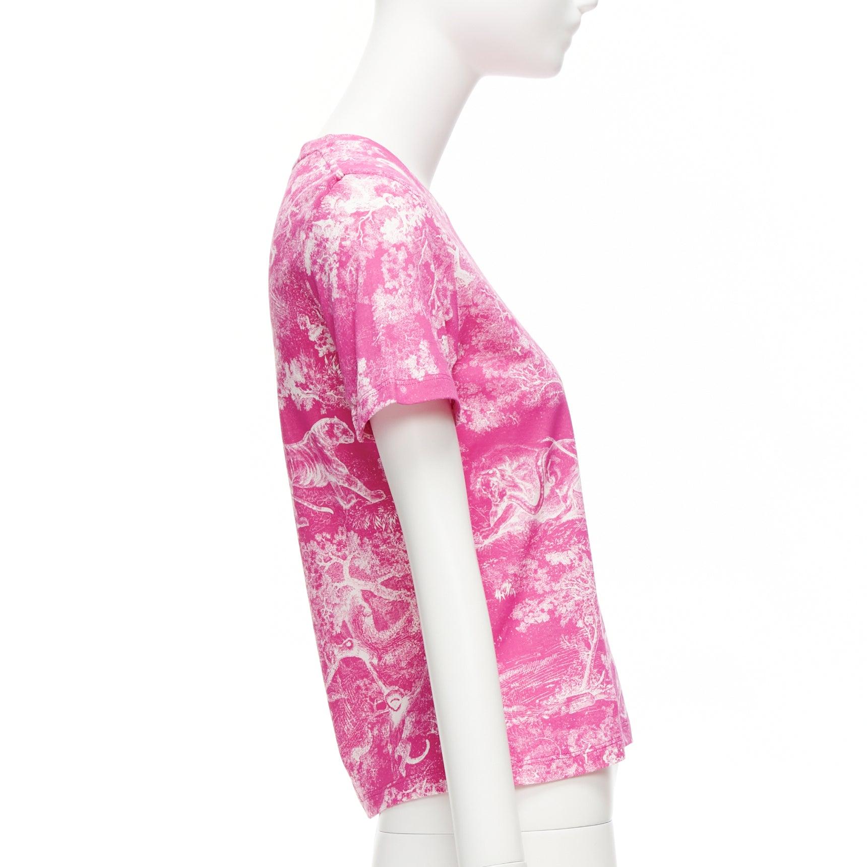 DIOR Toile de Jouy pink tree tiger print cotton linen casual tshirt XS In Excellent Condition For Sale In Hong Kong, NT