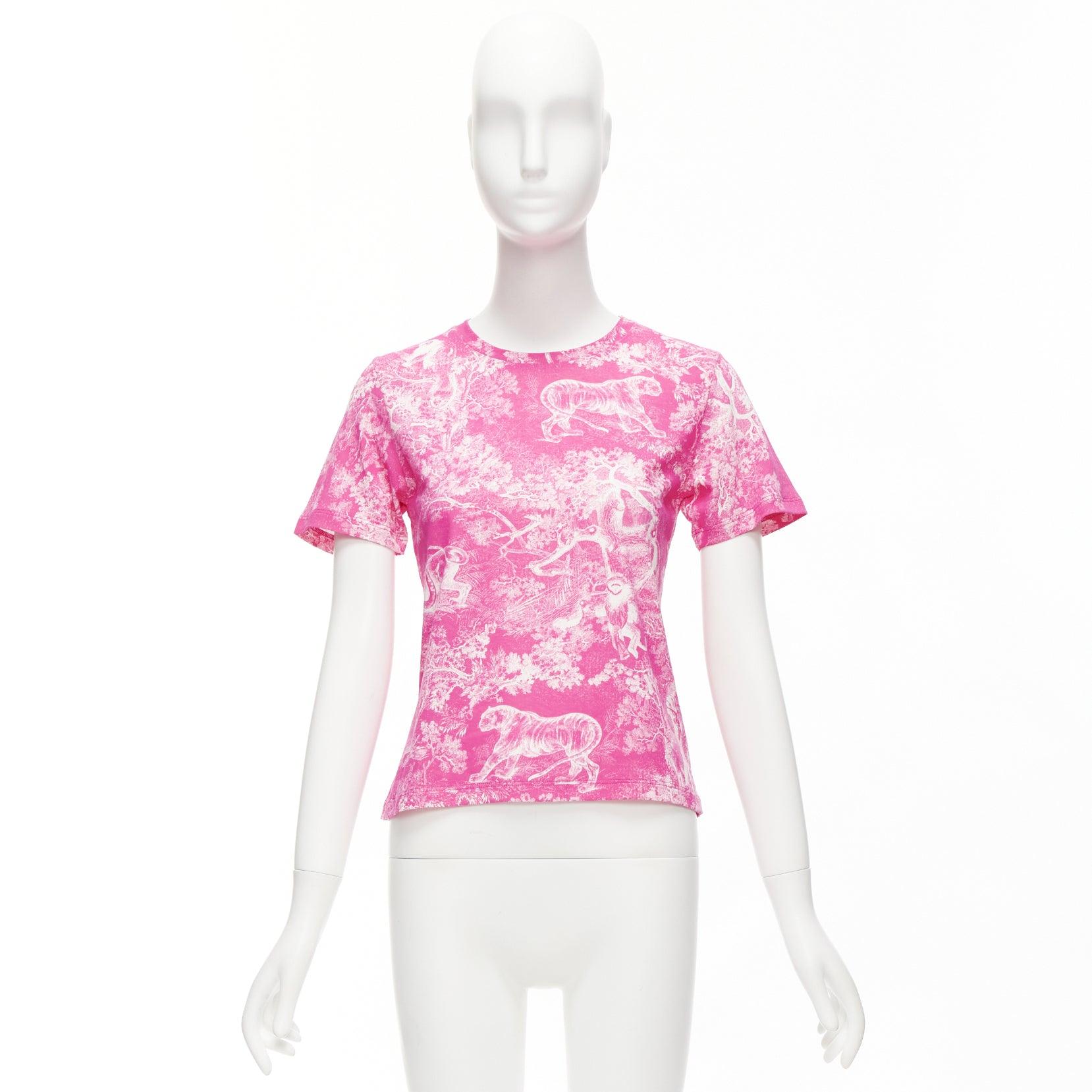 DIOR Toile de Jouy pink tree tiger print cotton linen casual tshirt XS For Sale 4