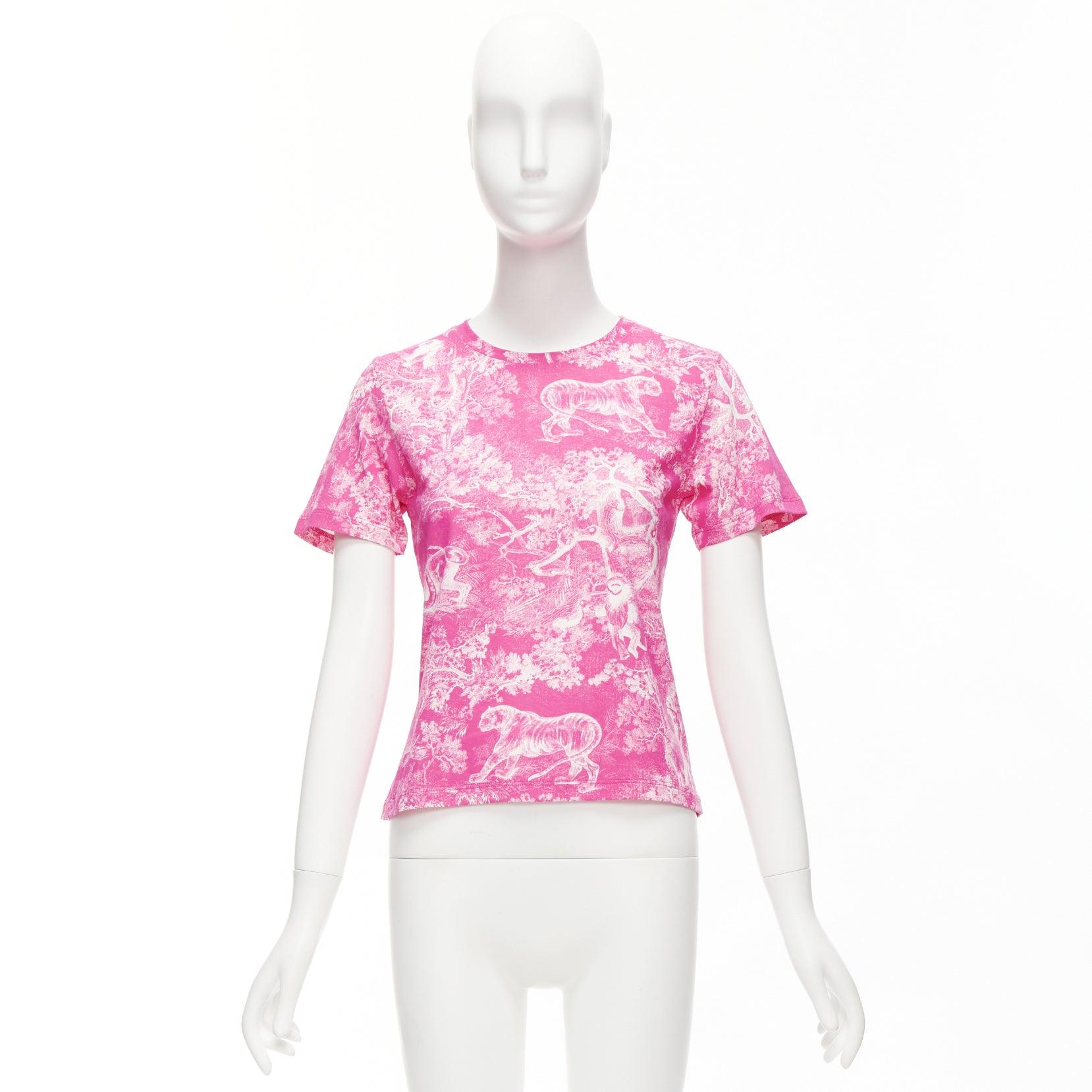 DIOR Toile de Jouy pink tree tiger print cotton linen casual tshirt XS For Sale 5
