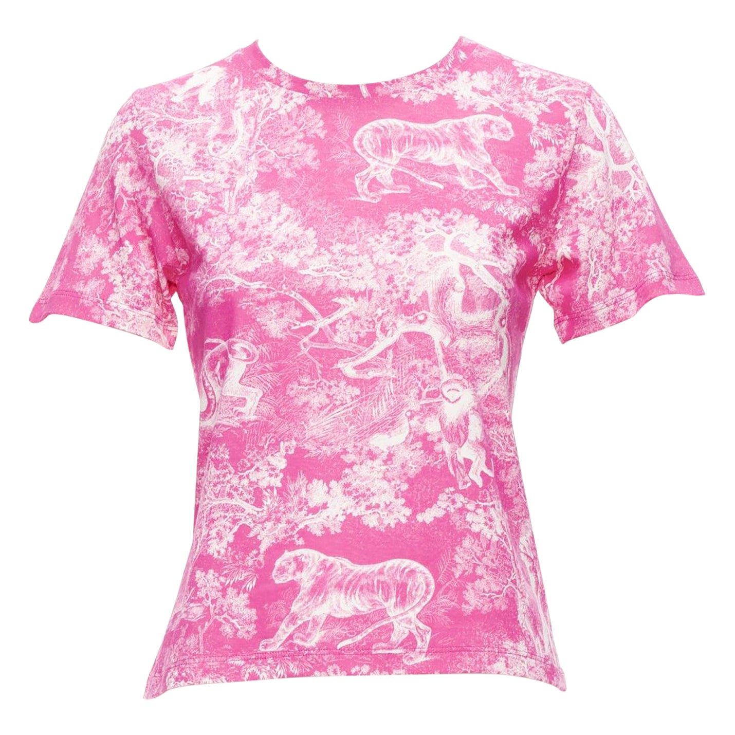 DIOR Toile de Jouy pink tree tiger print cotton linen casual tshirt XS