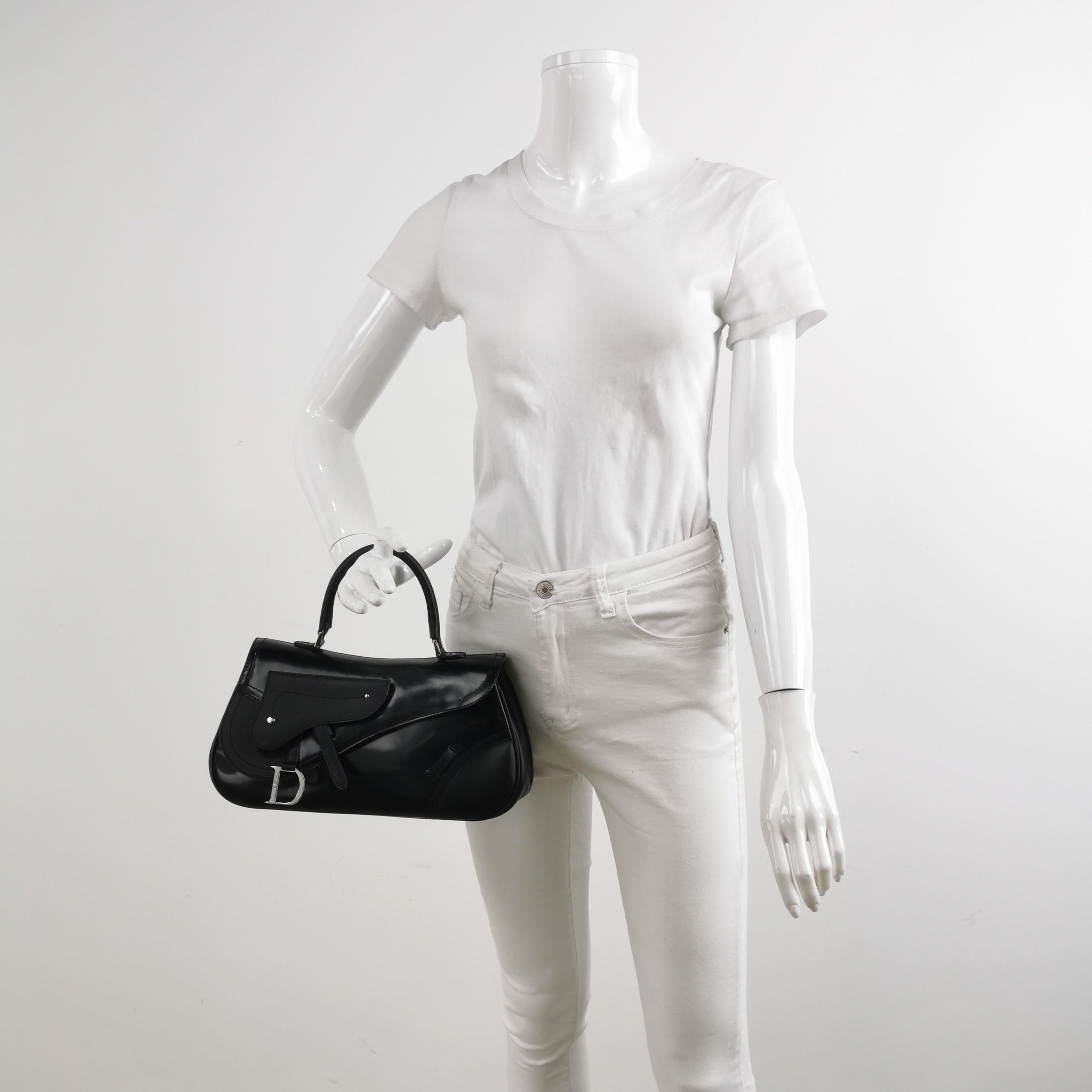 Nero Dior Top Handle Saddle Bag Black Smooth Shiny Calfskin Leather in vendita