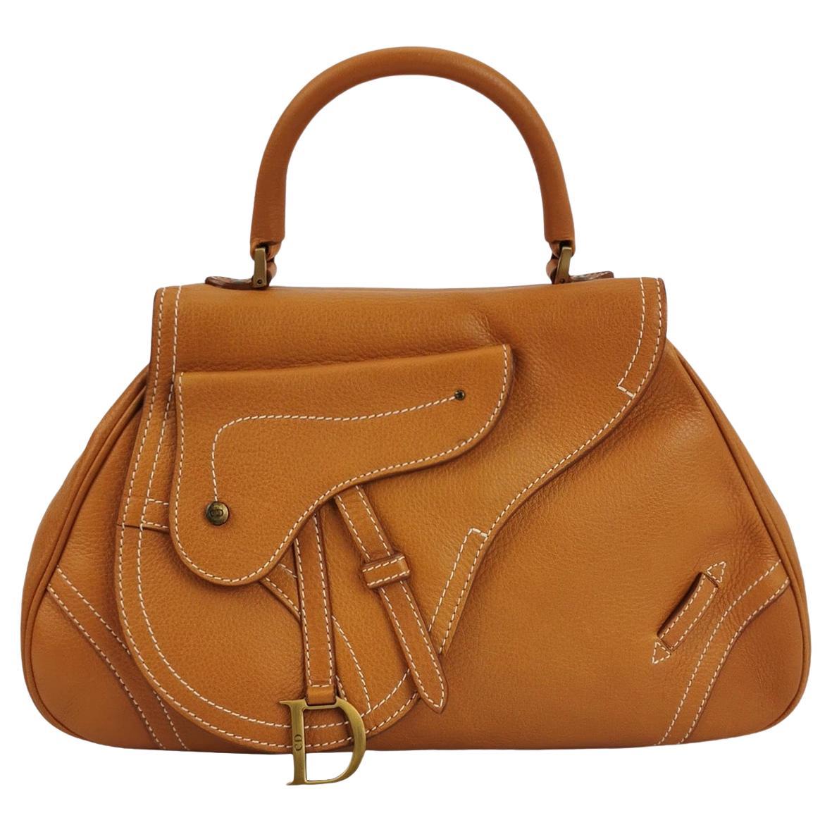 Dior Top Handle Saddle Bag Cognac Tan Brown Calfskin Leather For Sale