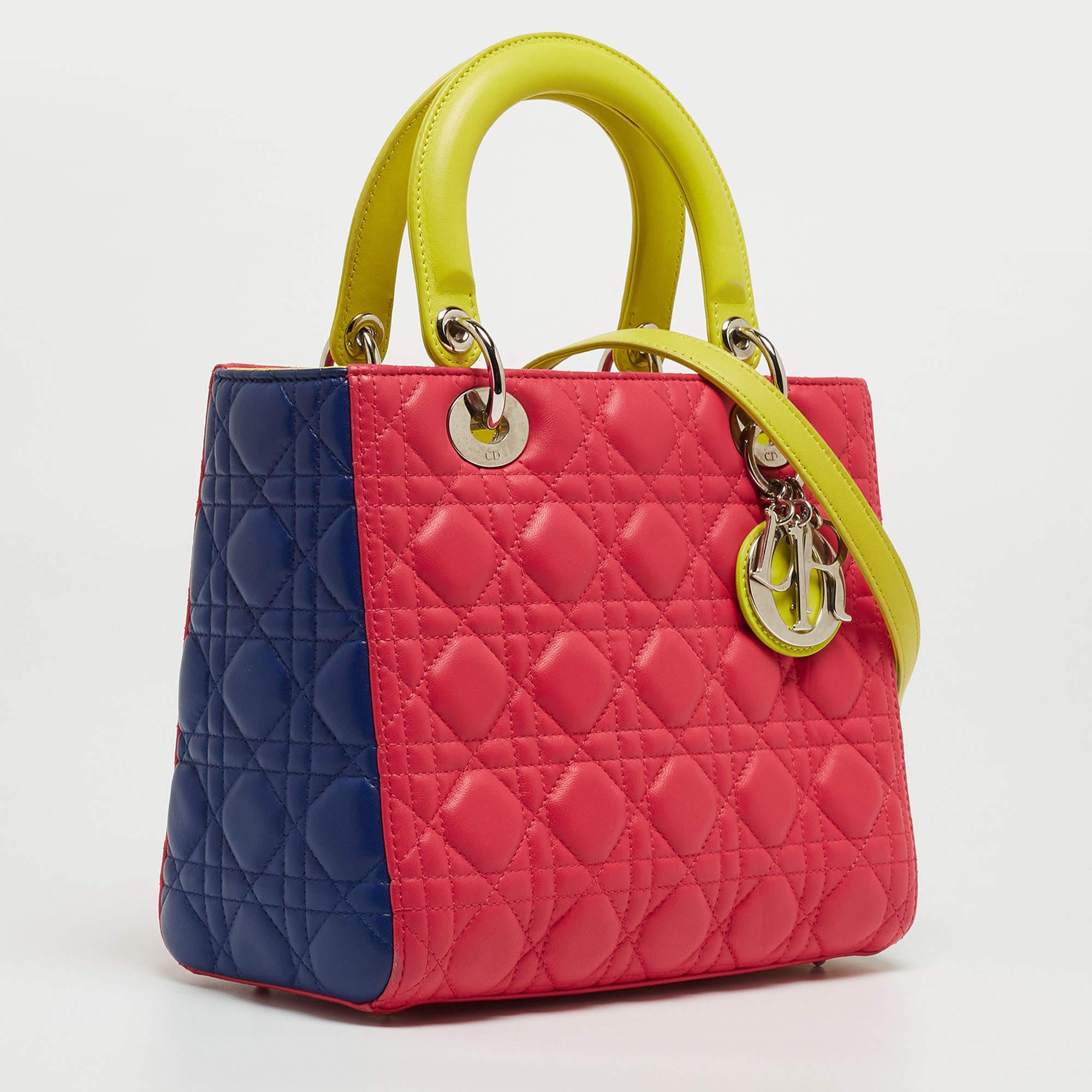 Dior Tri Color Leather Medium Lady Dior Tote Bag In Good Condition In Dubai, Al Qouz 2