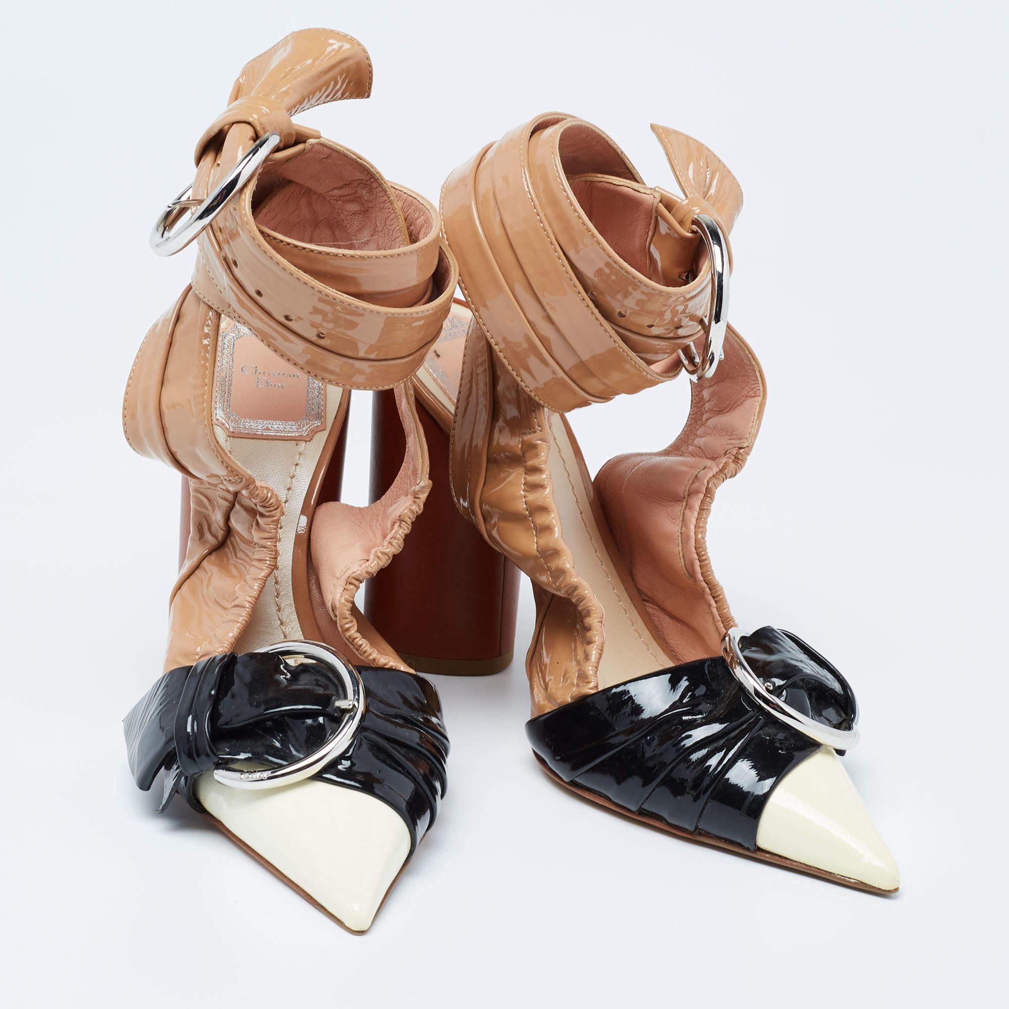 Women's Dior Tri-Color Patent Leather Conquest Buckle Ankle Wrap Pumps Size 36.5 For Sale