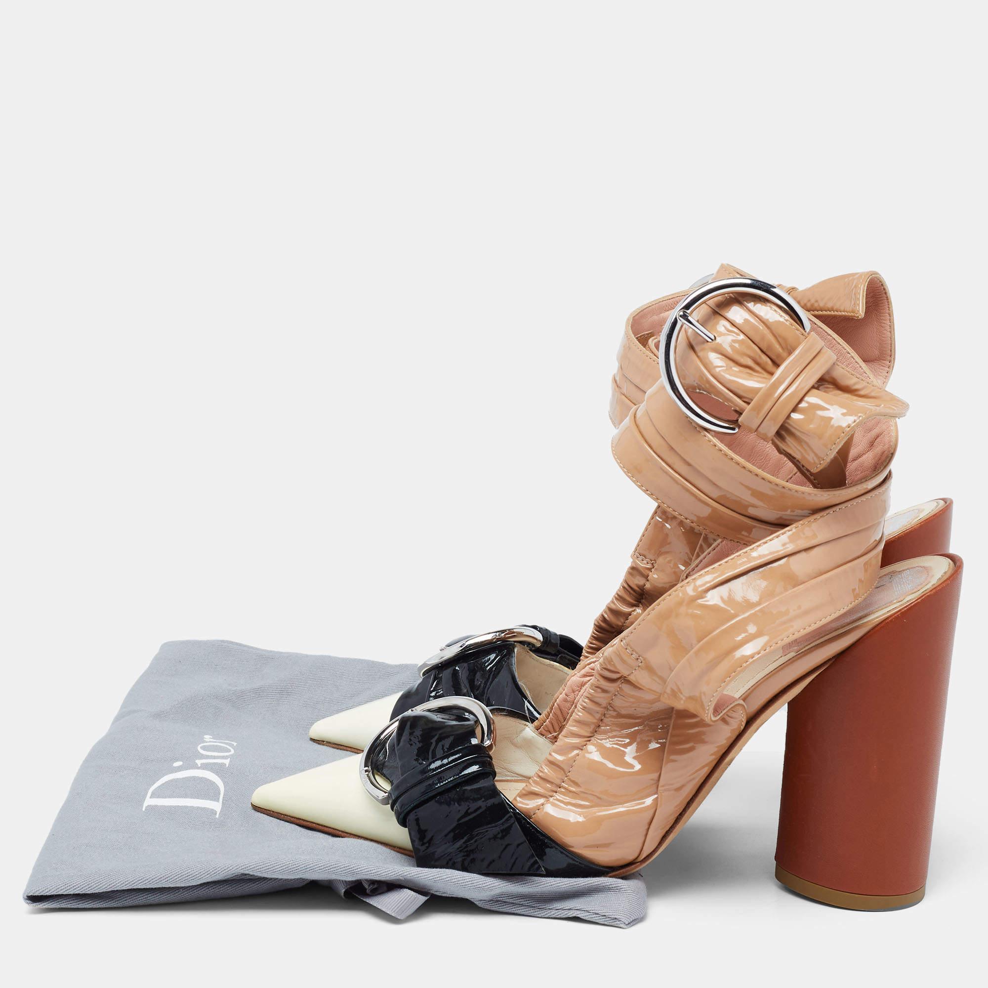 Dior Tri-Color Patent Leather Conquest Buckle Ankle Wrap Pumps Size 36.5 For Sale 2