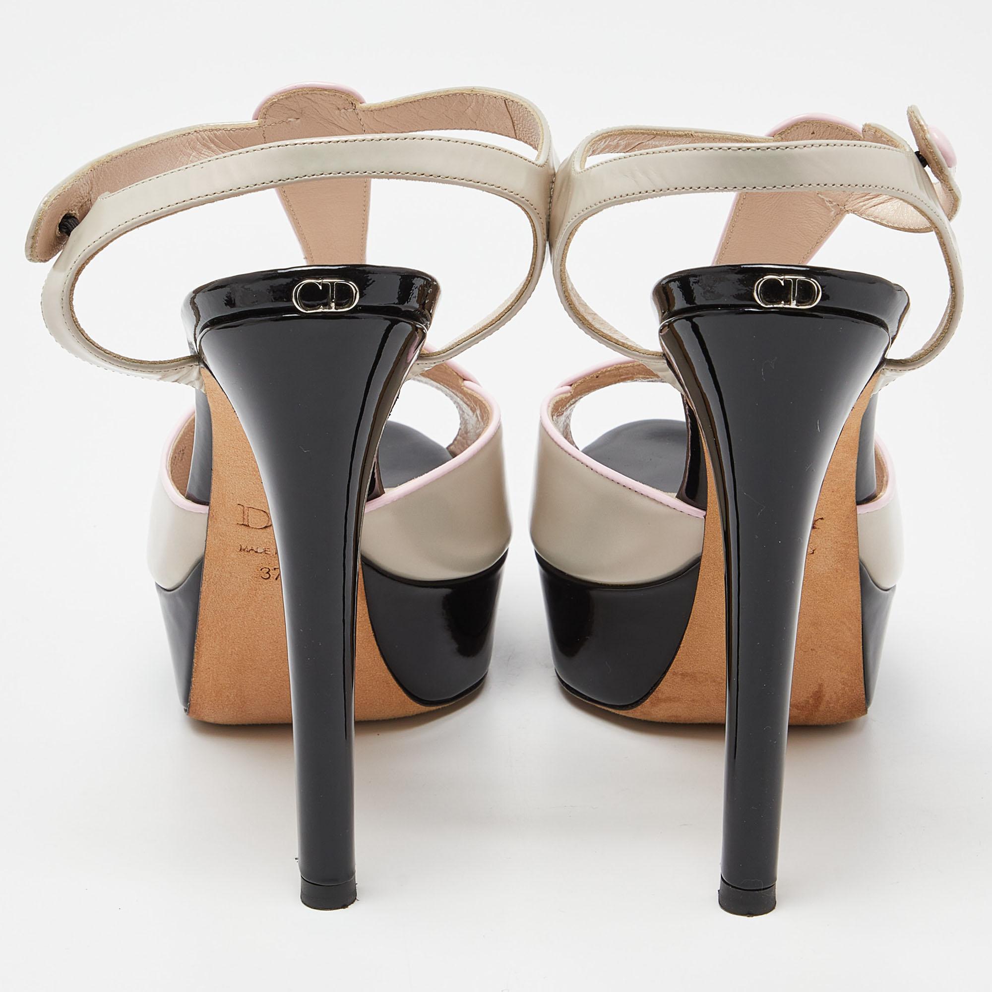 Women's Dior Tri Color Patent Leather Platform Ankle Strap Sandals Size 37.5