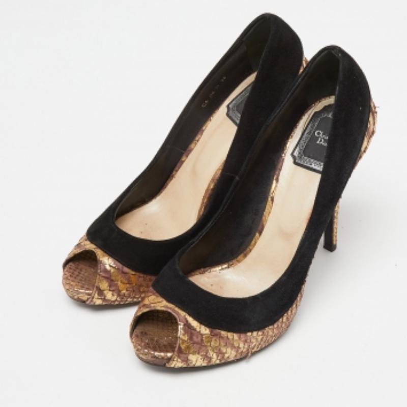 Dior Tri Farbe Wildleder und Python Peep Toe Pumps Größe 38 Damen im Angebot