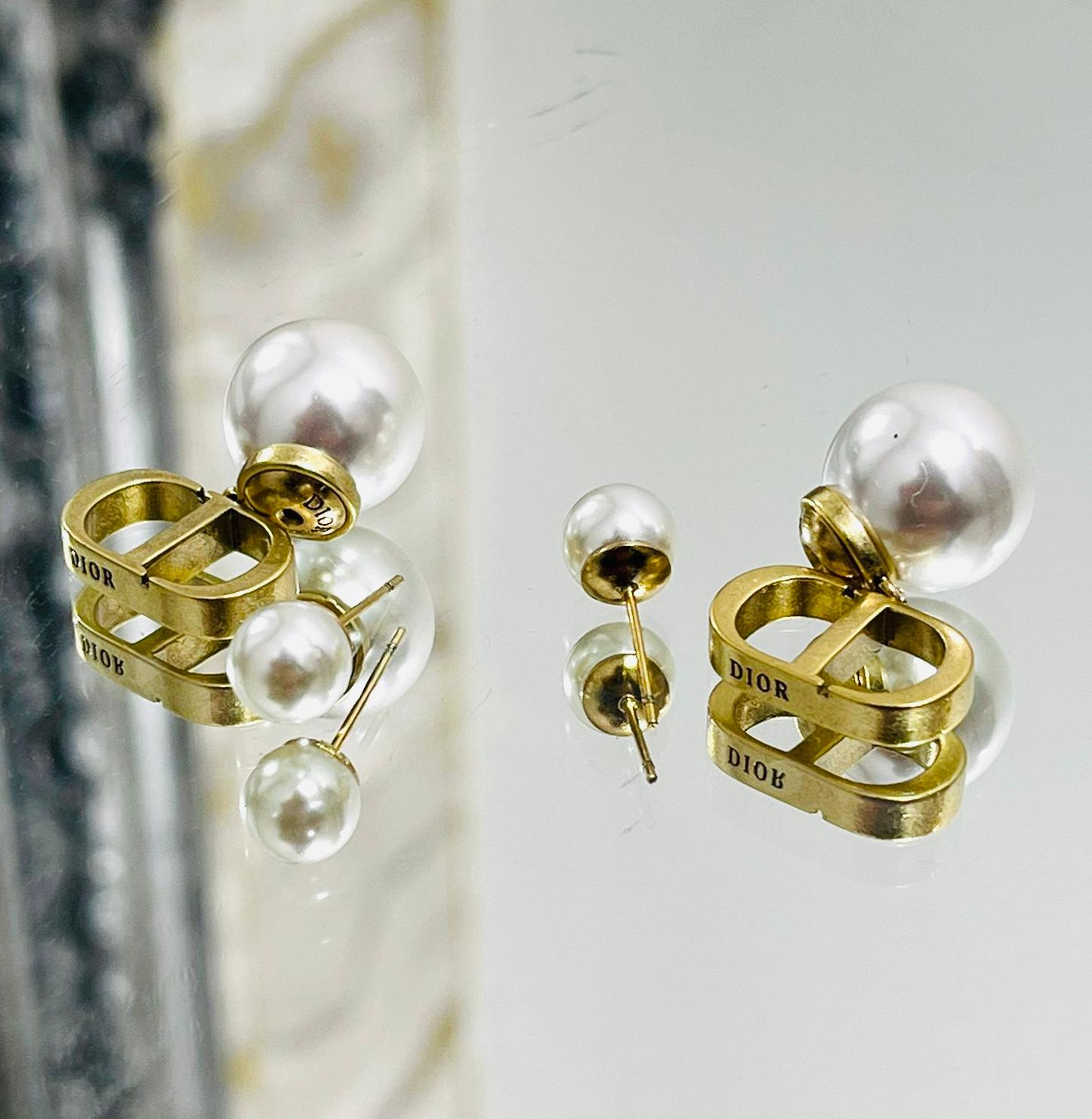 Dior Tribales 'CD' Logo White Resin Pearl Earrings 5