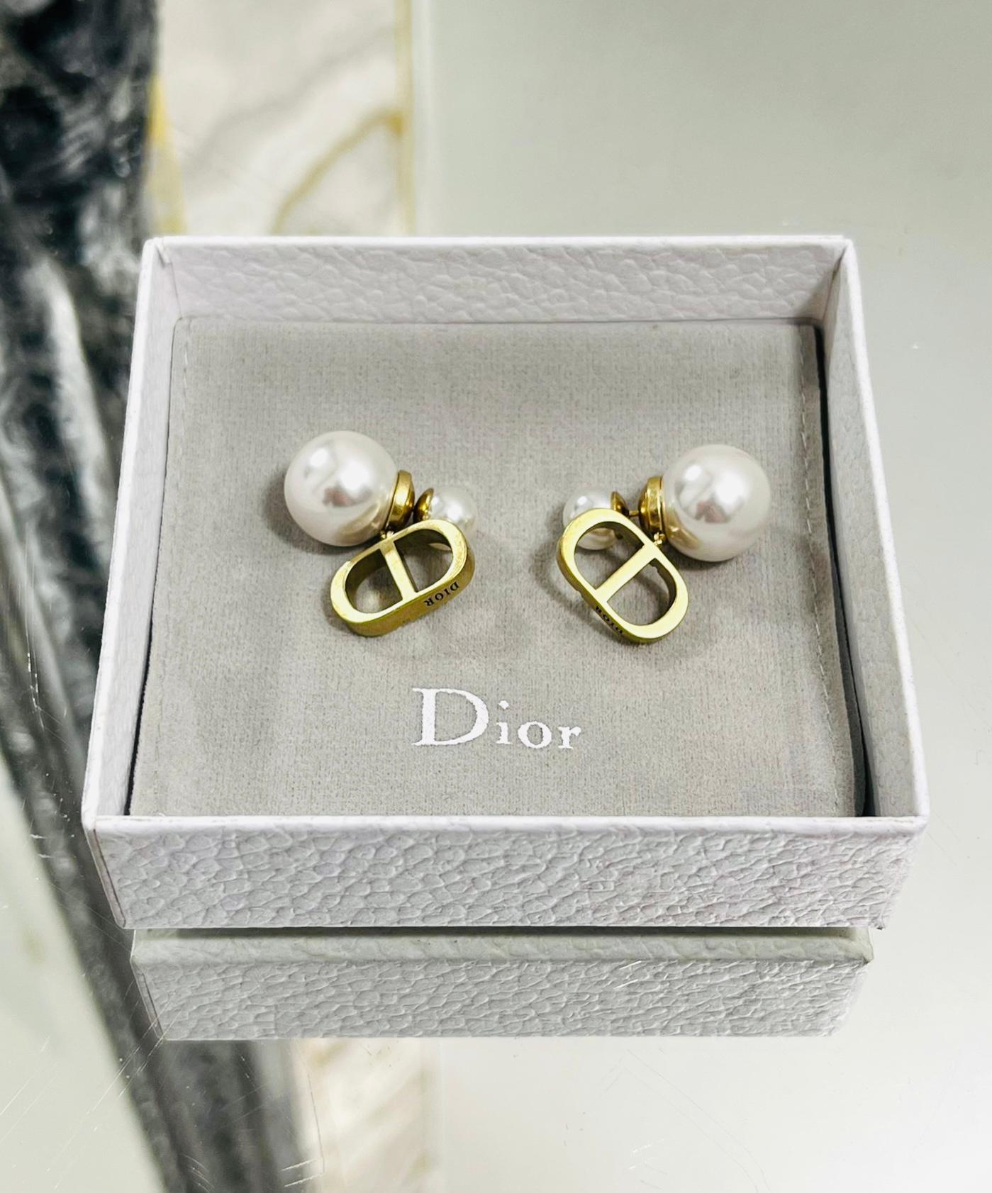 Round Cut Dior Tribales 'CD' Logo White Resin Pearl Earrings