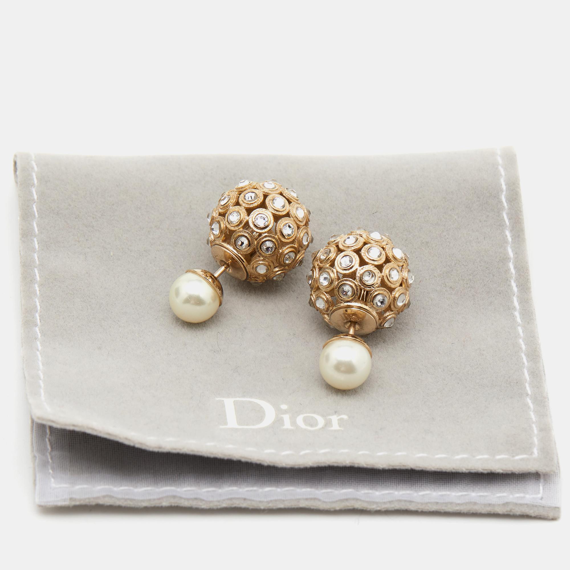 Women's Dior Tribales Crystal Faux Pearl Gold Tone Earrings
