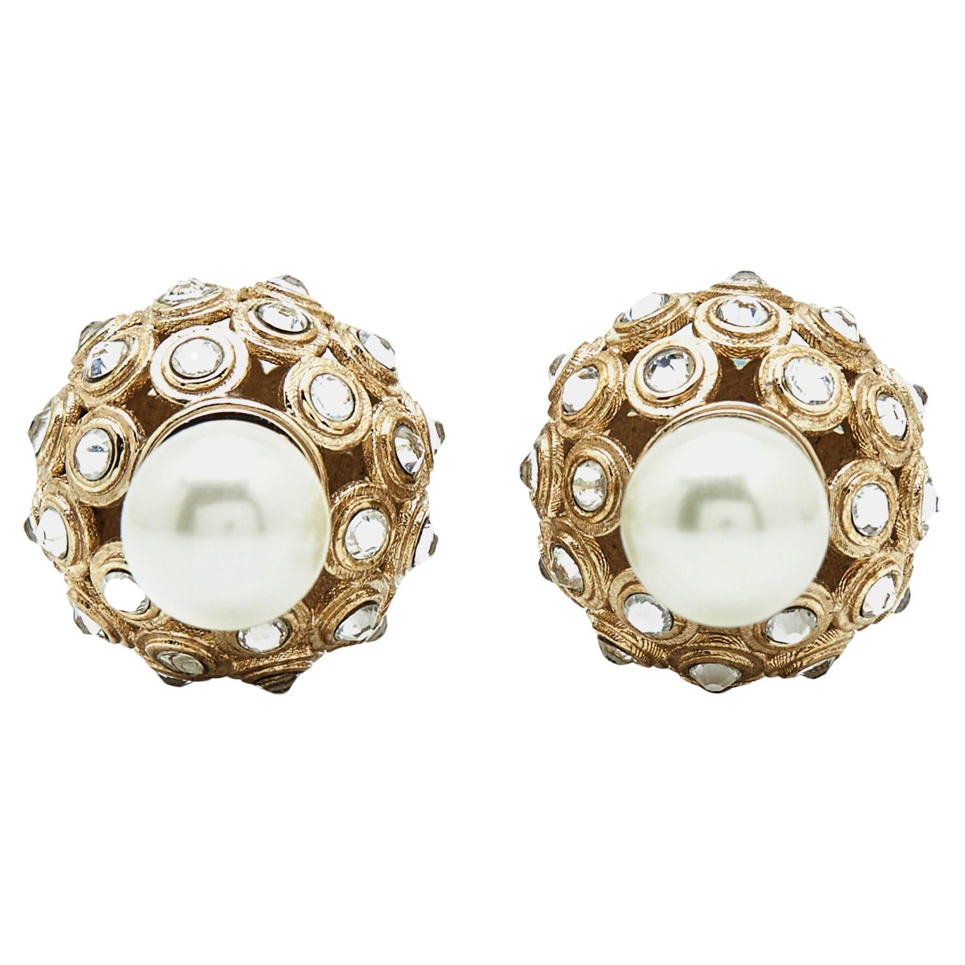 Dior Tribales Crystal Faux Pearl Gold Tone Earrings