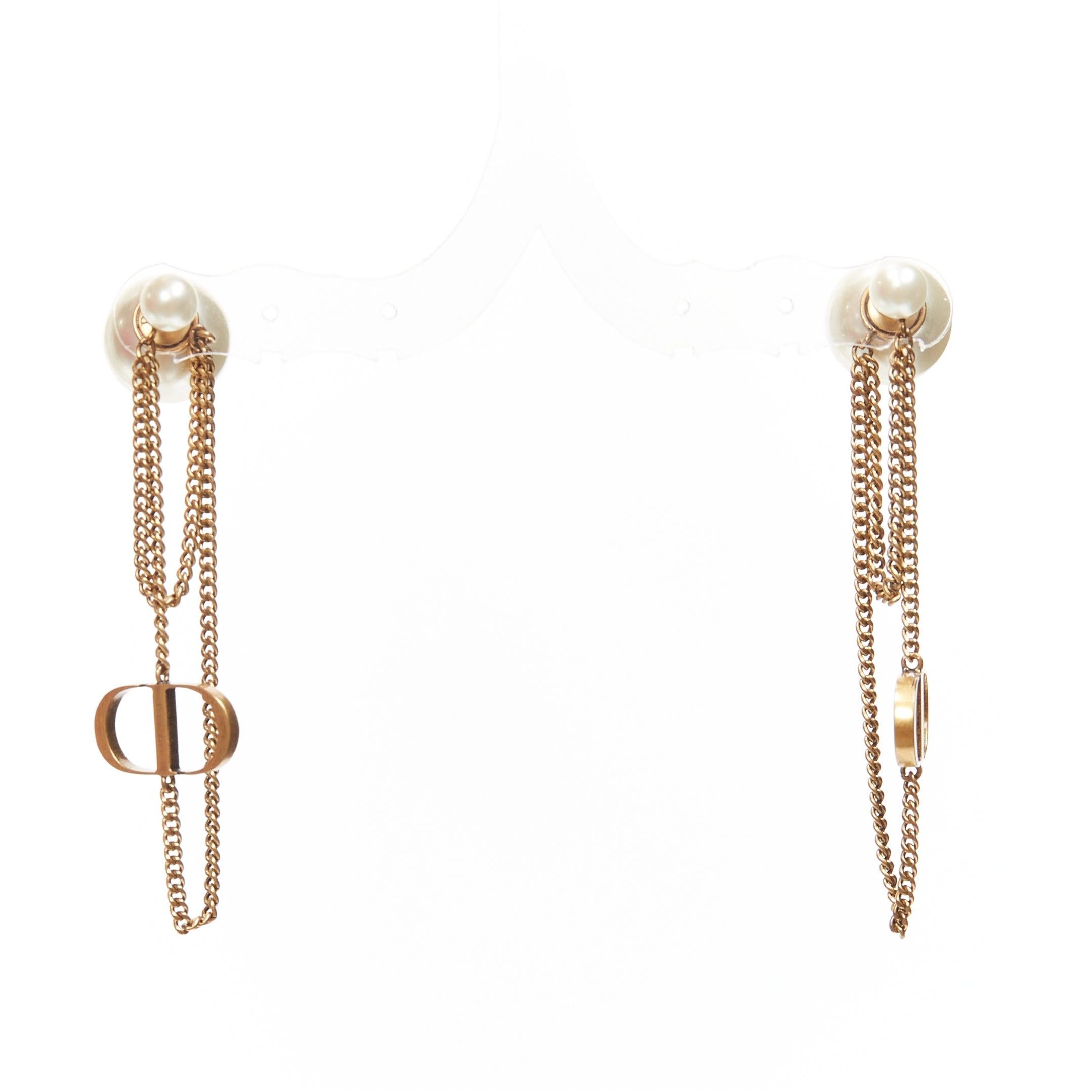 DIOR Tribales double pearls CD charm drop dangling chain pin earrings pair In Excellent Condition For Sale In Hong Kong, NT