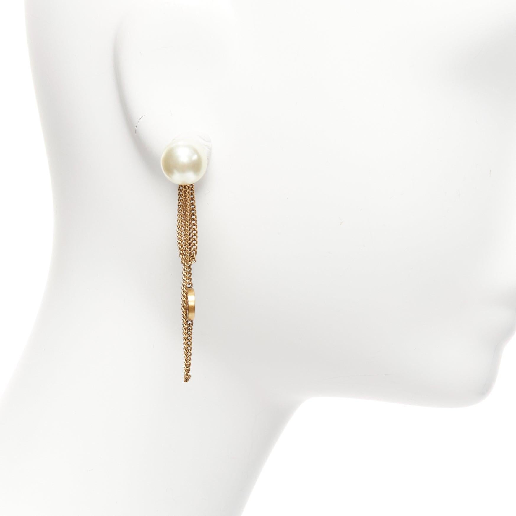Women's DIOR Tribales double pearls CD charm drop dangling chain pin earrings pair For Sale