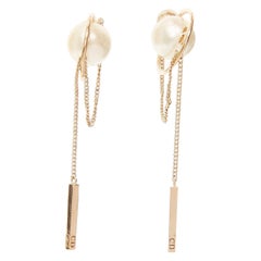 DIOR Tribales gold metal CD faux pearl drop pin earrings Pair