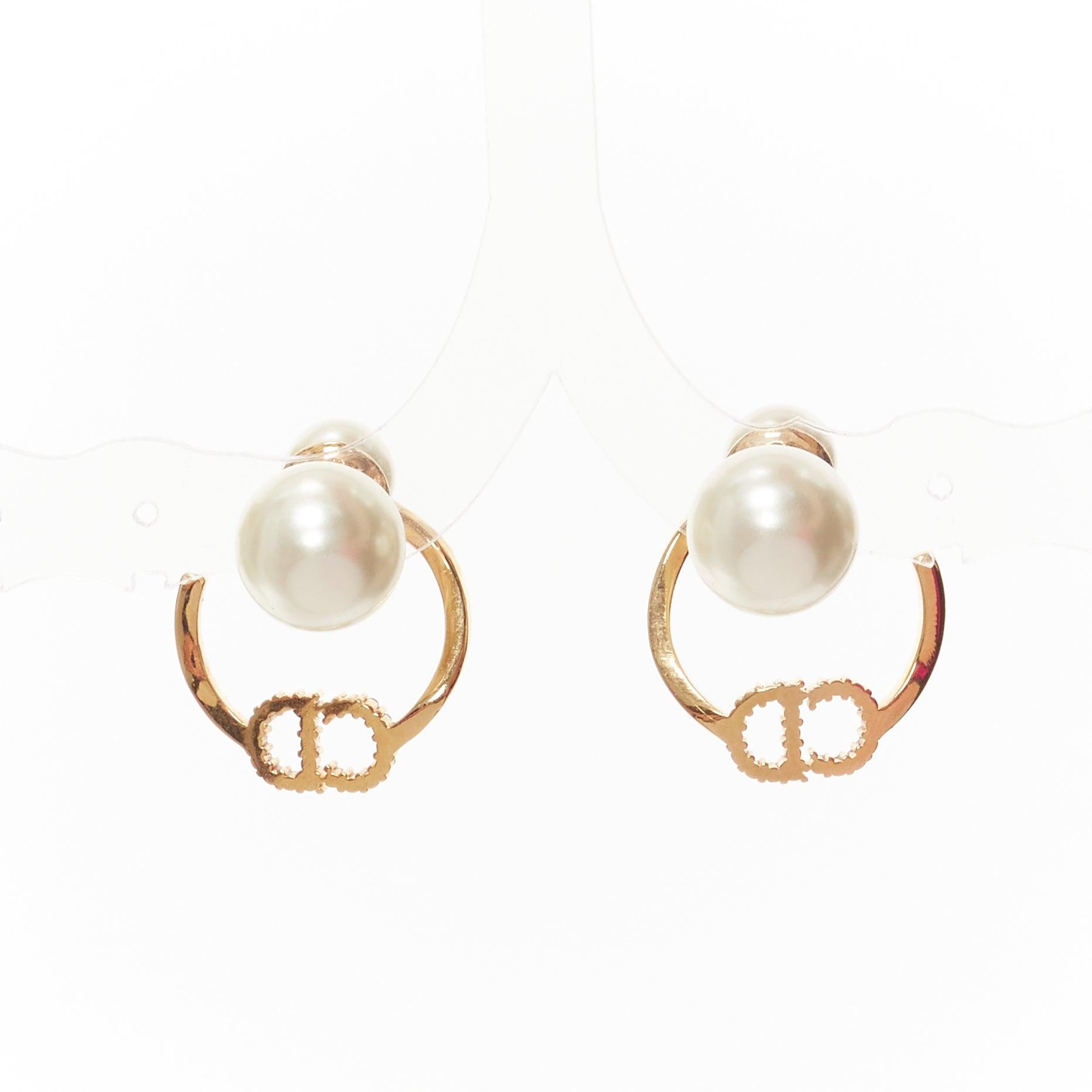 DIOR Tribales gold metal crystal pave CD orbital faux pearl pin earrings pair In Excellent Condition In Hong Kong, NT