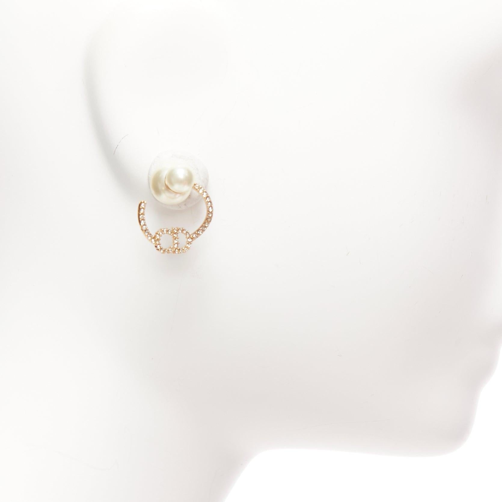 Women's DIOR Tribales gold metal crystal pave CD orbital faux pearl pin earrings pair