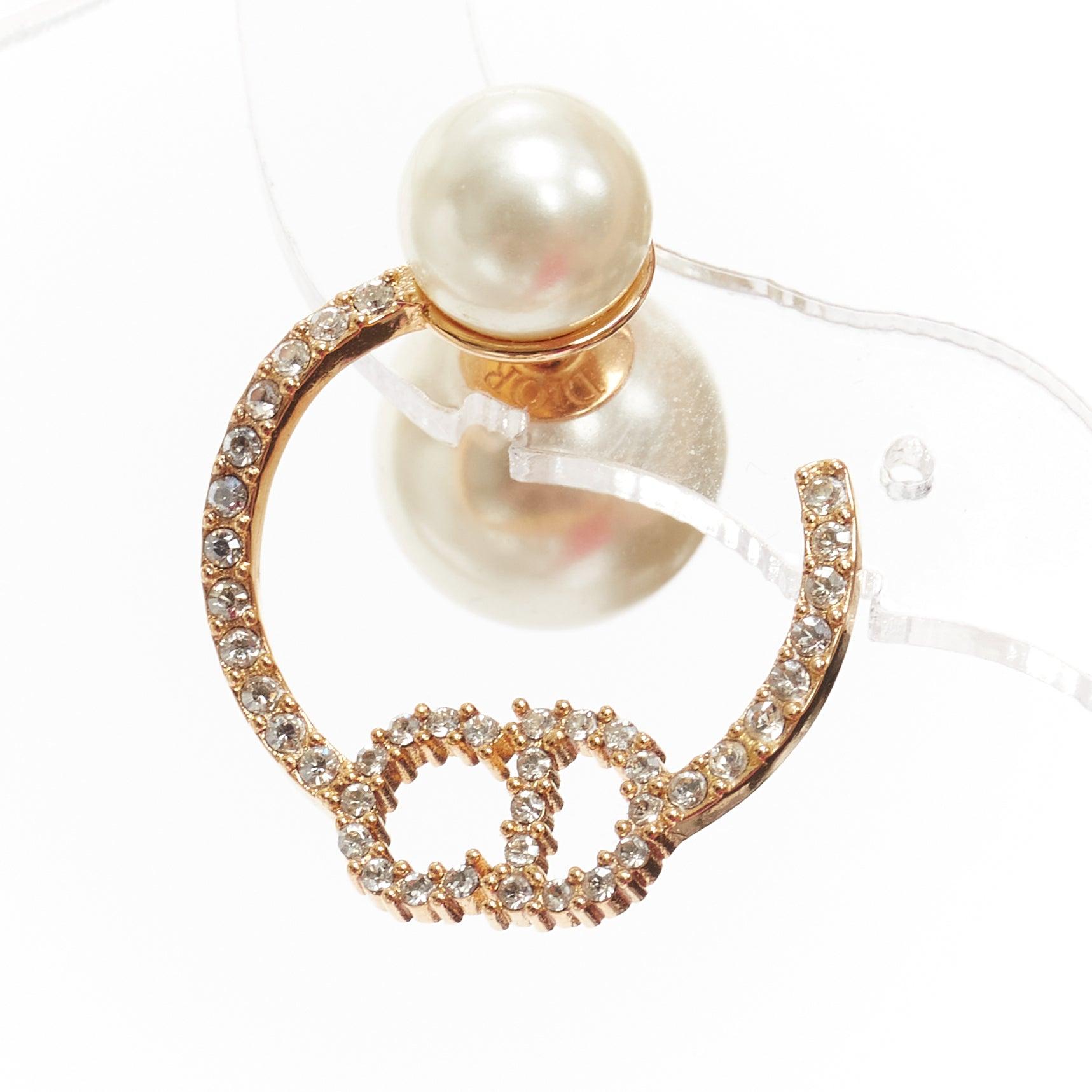 DIOR Tribales gold metal crystal pave CD orbital faux pearl pin earrings pair 1