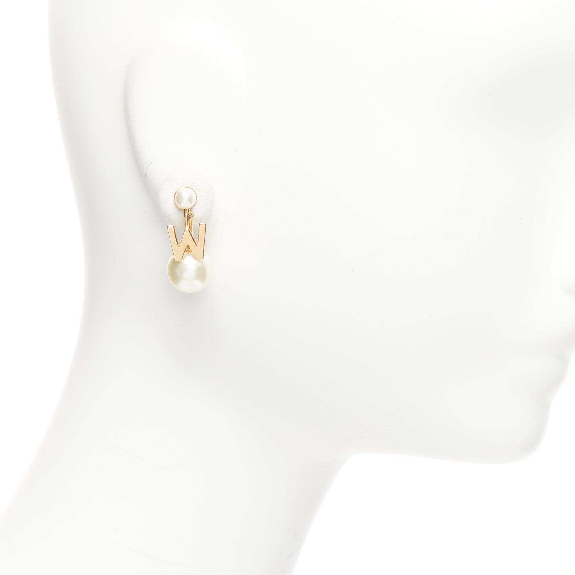 Women's DIOR Tribales gold metal Letter W faux pearl dangling pin earring single