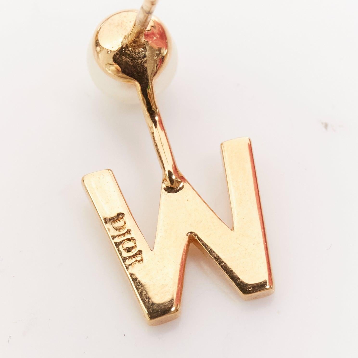DIOR Tribales gold metal Letter W faux pearl dangling pin earring single 2
