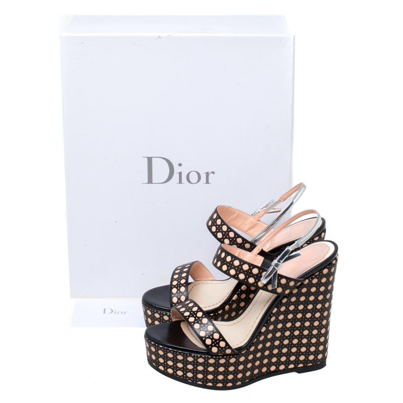 Women's Dior Tricolor Cannage Leather Wedge Heel Open Toe Sandals Size 35.5