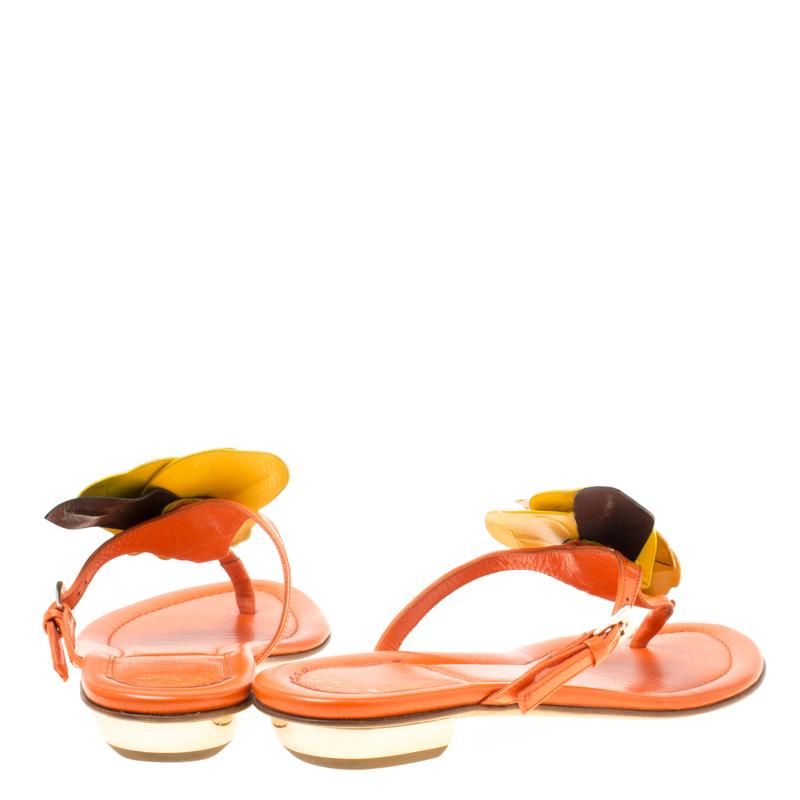 Orange Dior Tricolor Leather Floral Detail Thong Sandals Size 35
