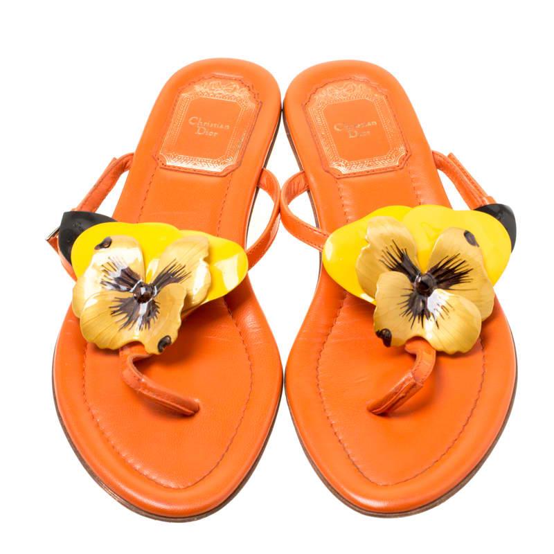 Orange Dior Tricolor Leather Floral Detail Thong Sandals Size 35