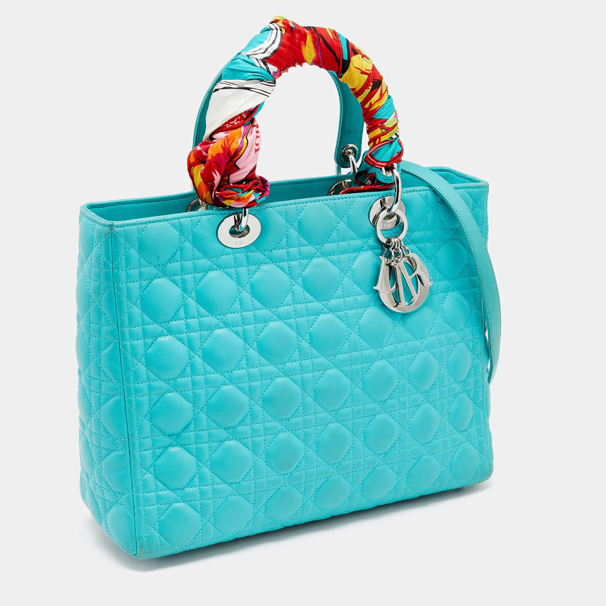 Dior Turquoise Blue Cannage Leather Large Lady Dior Tote In Good Condition In Dubai, Al Qouz 2