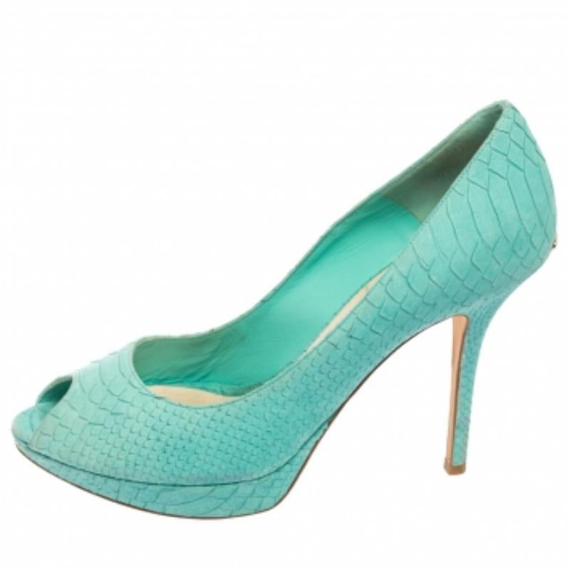 Bleu Escarpins Peep-Toe en cuir Miss Dior turquoise embossé python Taille 41 en vente