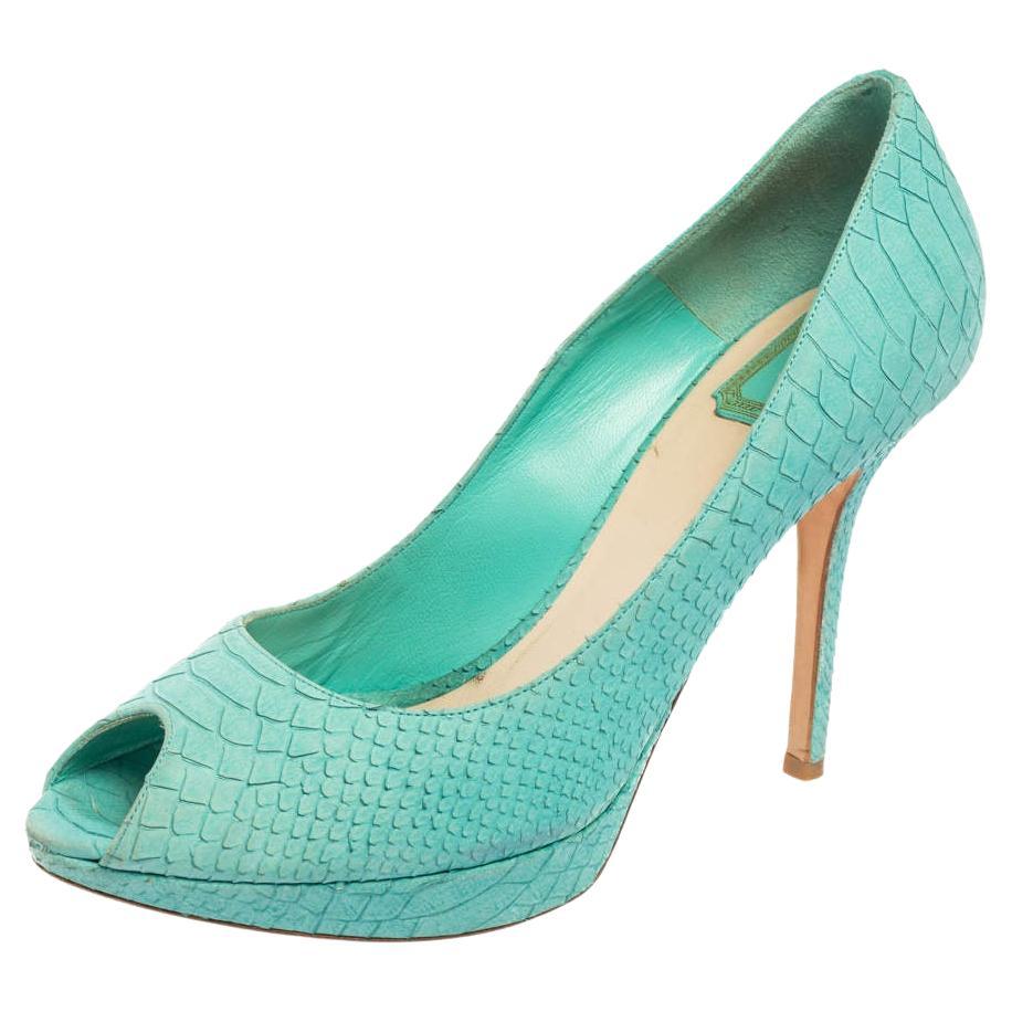 Dior Turquoise Python Embossed Leather Miss Dior Peep-Toe Pumps Size 41 For Sale