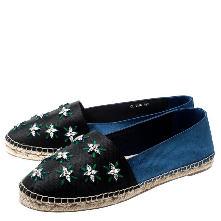 Dior Two Tone Crystal Embellished Fabric Riviera Espadrilles Size 40.5