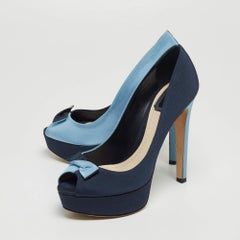Dior Two Tone Fabric Bow Peep Toe Platform Pumps Size 37