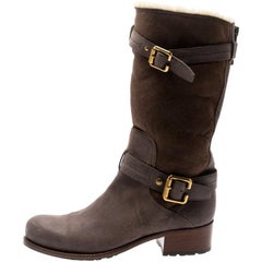 Dior Two Tone Nubuck/Leather Buckle Detail Mid Calf Boots Size 39