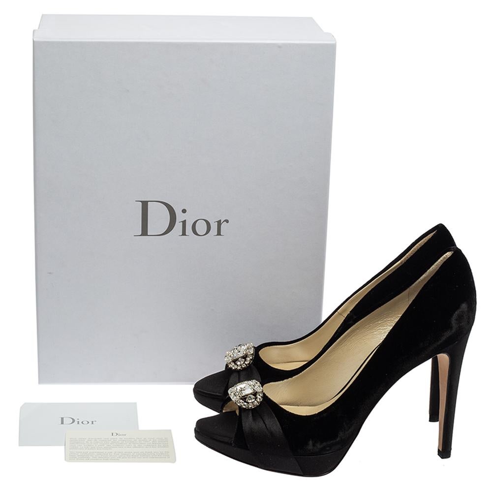 Dior Velvet and Satin Empire Crystal Embellished Peep Toe Platform Pumps Size 37 1